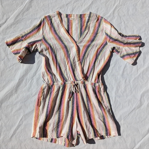 Just Living Linen Cotton Blend Colourful  Stripe Short Romper Woman's Large Boho - Picture 2 of 8